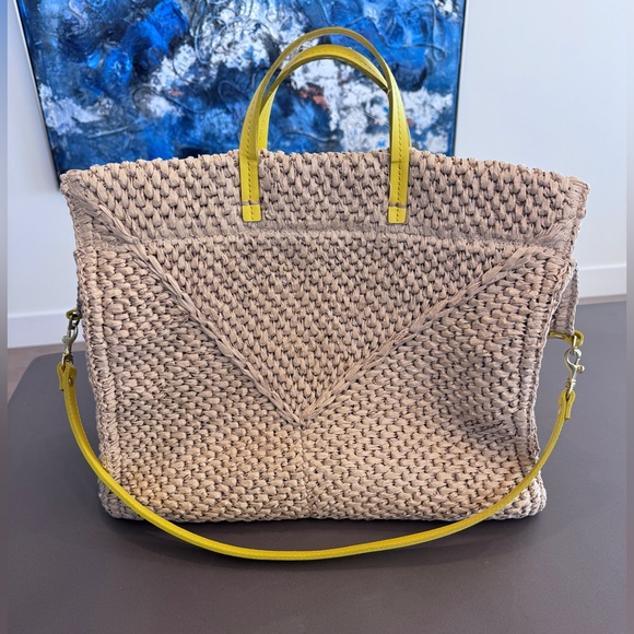 Clare V. Simple Woven Raffia Tote Bag with Yellow Straps and Denim Interior - Picture 2 of 10